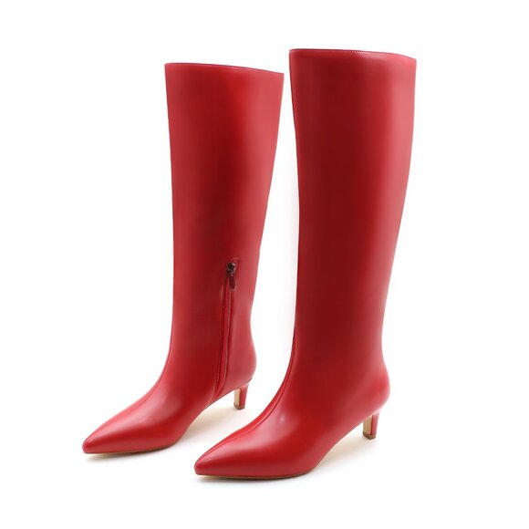 Lurnyet Women's Knee High Boots, Faux Leather Pointed Toe with 2 Inch Heel - Picture 3 of 10